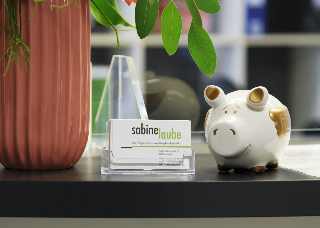 Visitenkarten der Praxis Sabine Laube neben einem Sparschwein und einer Zimmerpflanze